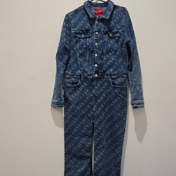 Guess Blue Denim Jumpsuit with Logo Pattern